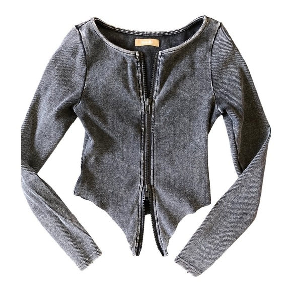 Briellé Ribbed Double Zip Round neck Corset Top Long Sleeves in Grey - Picture 10 of 11